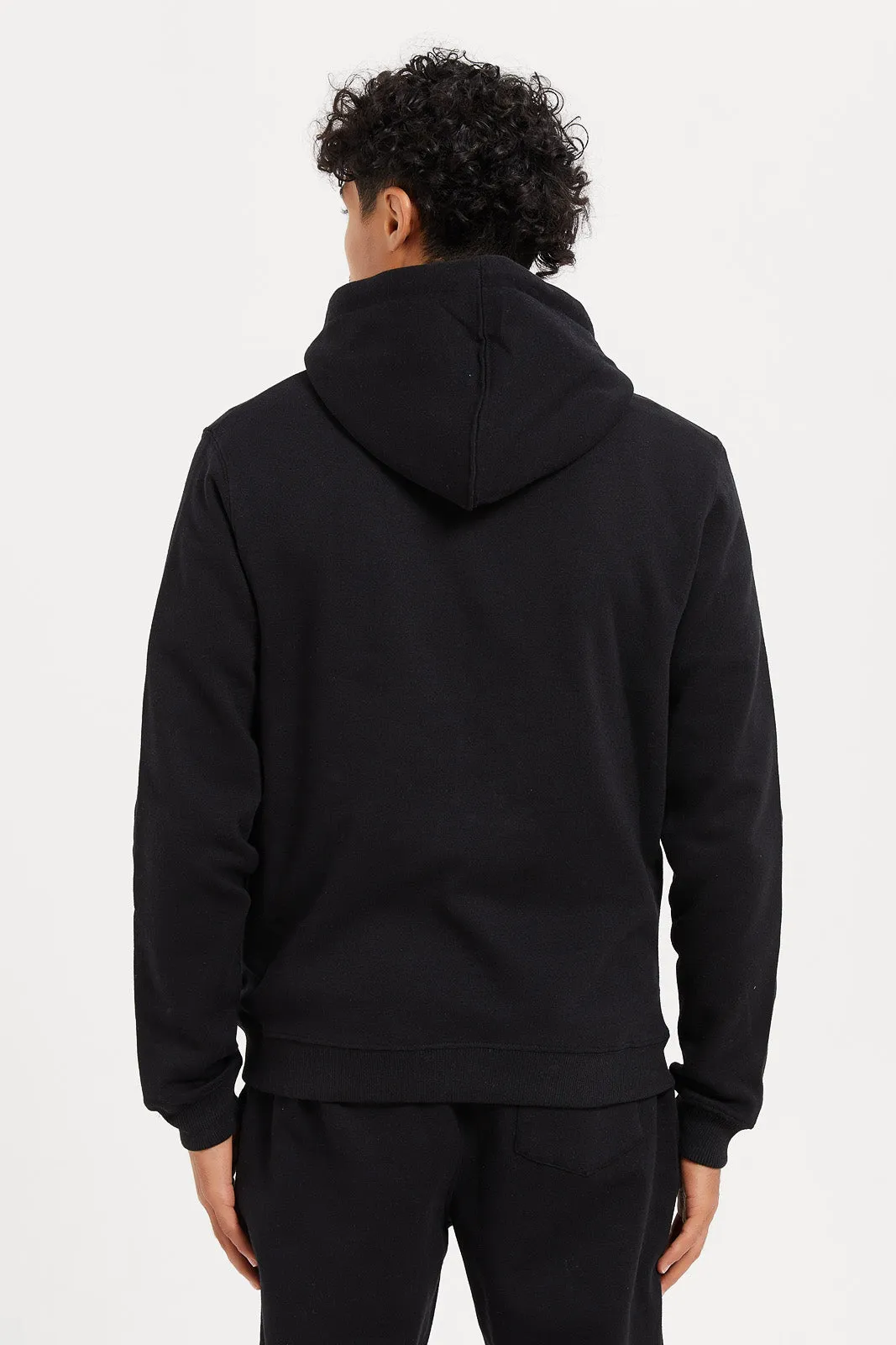 Men Black Zip Through Hooded Sweatshirt