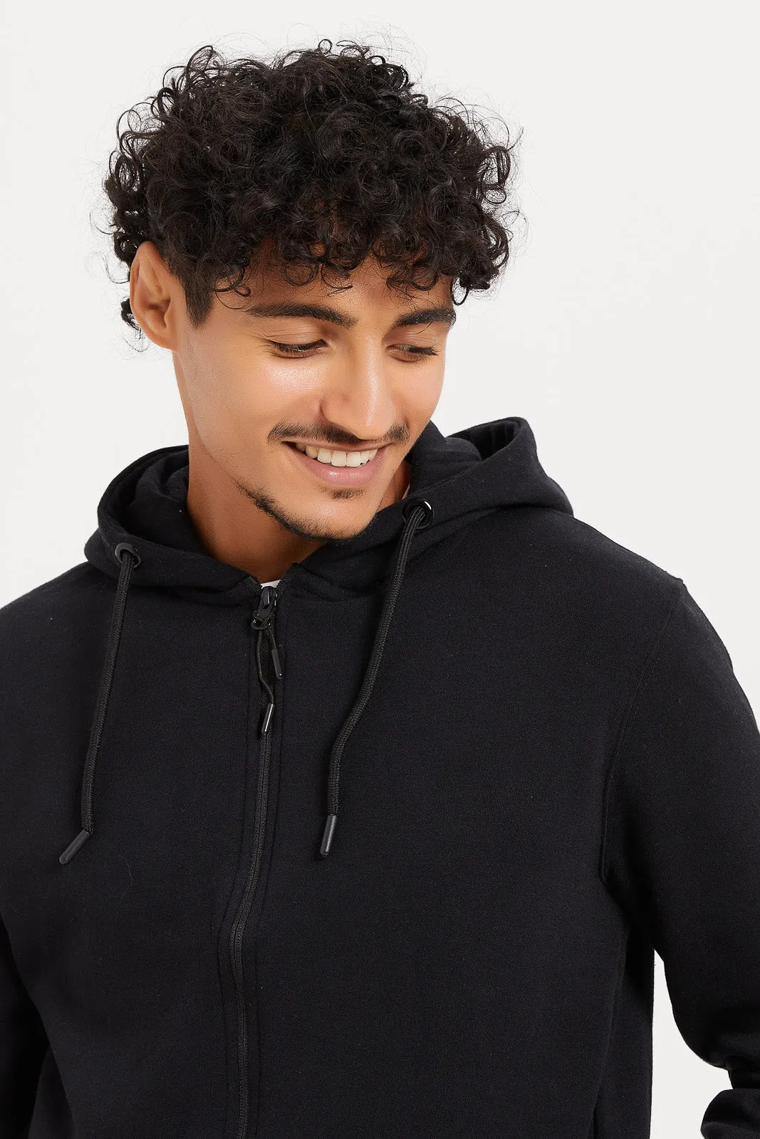 Men Black Zip Through Hooded Sweatshirt