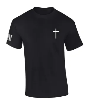 Mens Christian Shirt Faith Cross Crest American Flag Sleeve T-Shirt Graphic Tee-Black-6Xl