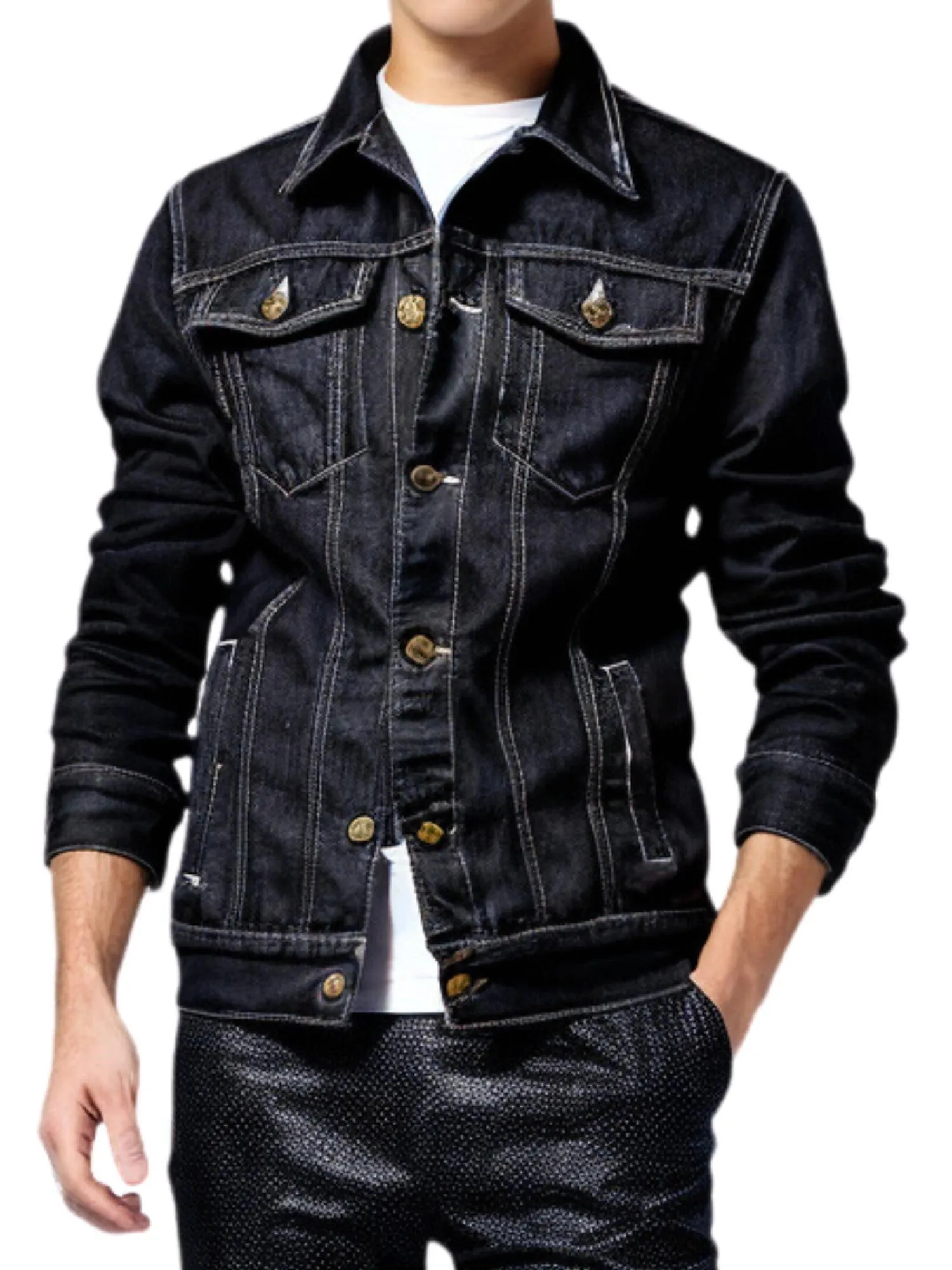 Men's Denim Jackets Motorcycle Fashion Jean Jackets Slim Fit Casual Black Blue Coats