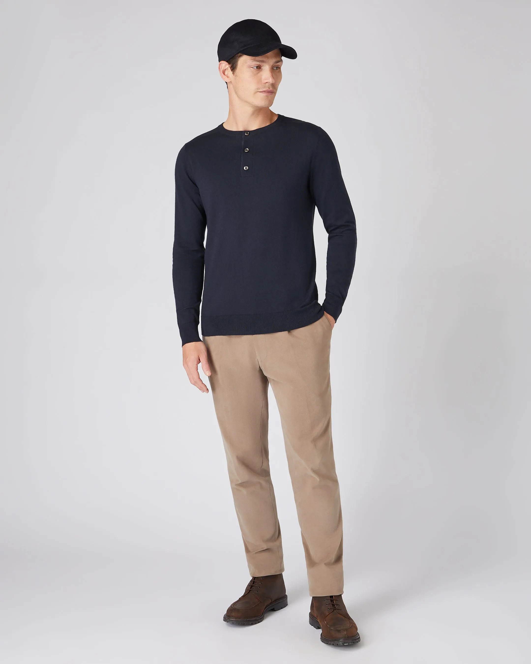 Men's Round Neck Cotton Cashmere Henley Navy Blue