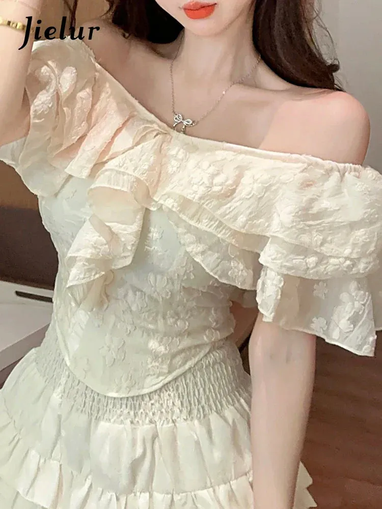 Metaversmall Slash Neck Lace Irregular Ruffles Fashion Women's Blouses Summer Solid Color Slim V-neck Chic Female Blouse Office Ladies