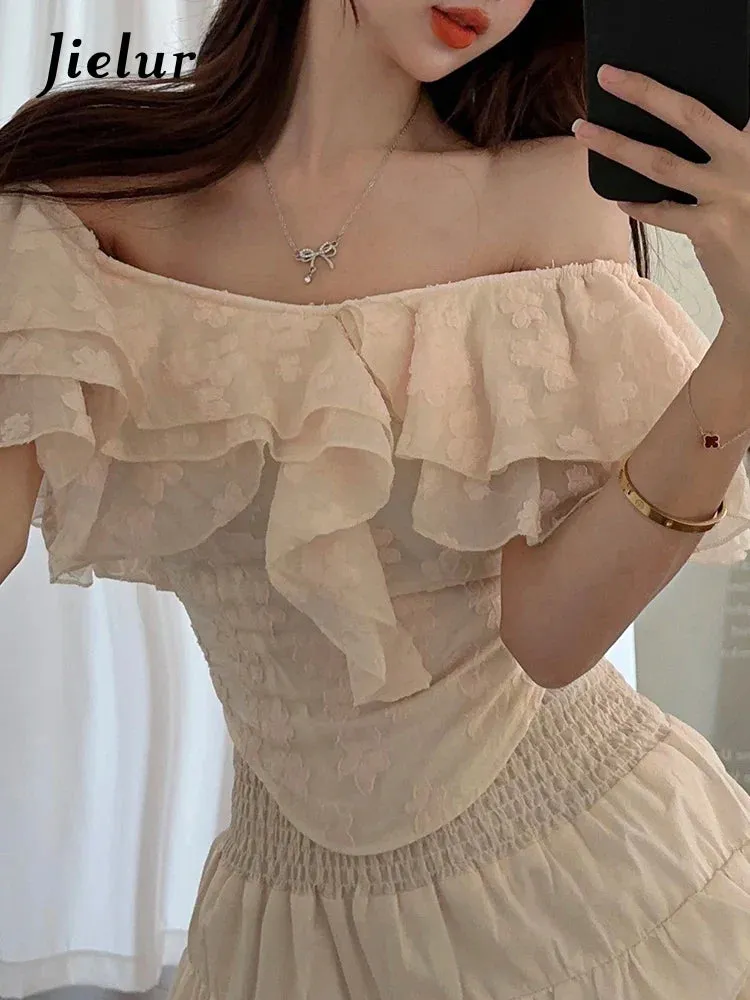 Metaversmall Slash Neck Lace Irregular Ruffles Fashion Women's Blouses Summer Solid Color Slim V-neck Chic Female Blouse Office Ladies