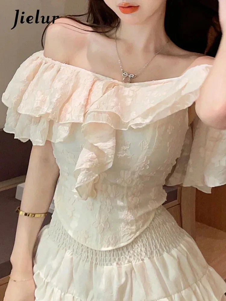 Metaversmall Slash Neck Lace Irregular Ruffles Fashion Women's Blouses Summer Solid Color Slim V-neck Chic Female Blouse Office Ladies