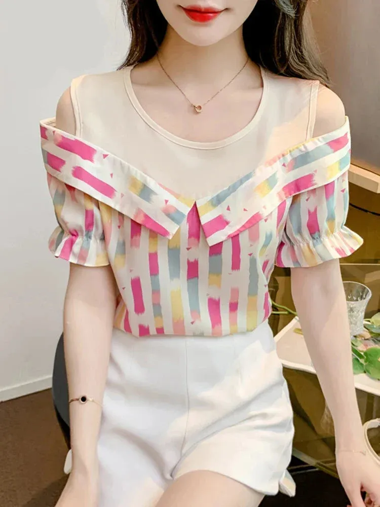 Metaversmall Striped O-neck Fashion Casual Female Blouse Summer New Loose Princess Sleeve Elegant Women's Blouses Chic Office Ladies