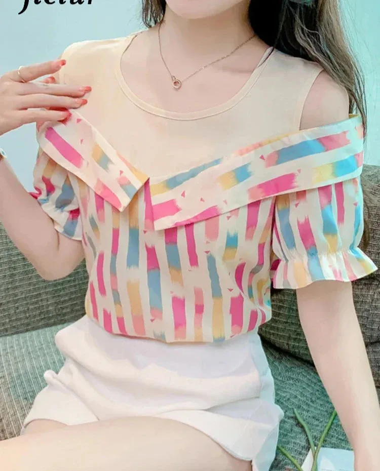 Metaversmall Striped O-neck Fashion Casual Female Blouse Summer New Loose Princess Sleeve Elegant Women's Blouses Chic Office Ladies