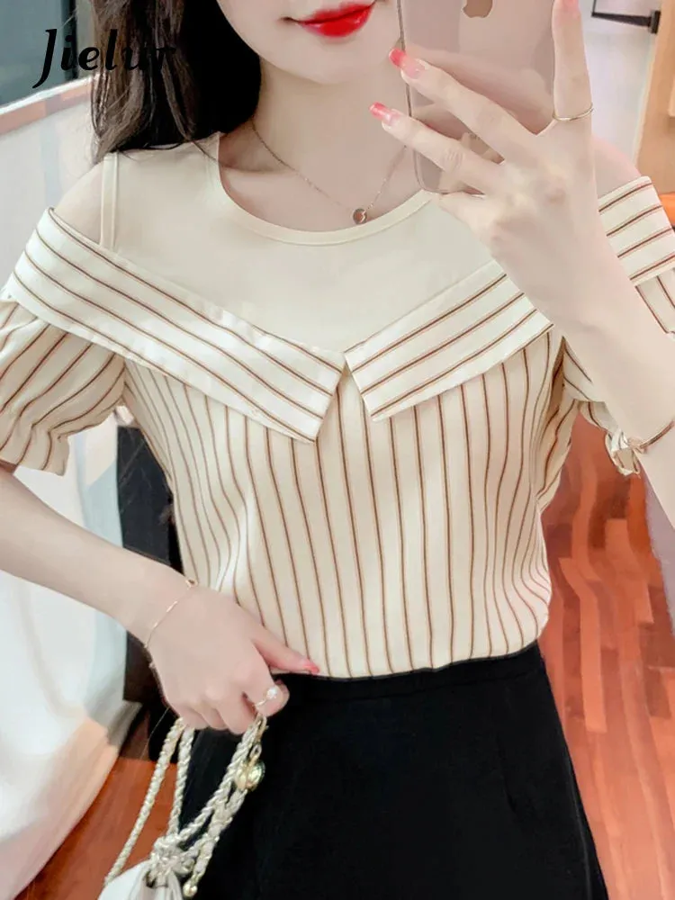 Metaversmall Striped O-neck Fashion Casual Female Blouse Summer New Loose Princess Sleeve Elegant Women's Blouses Chic Office Ladies