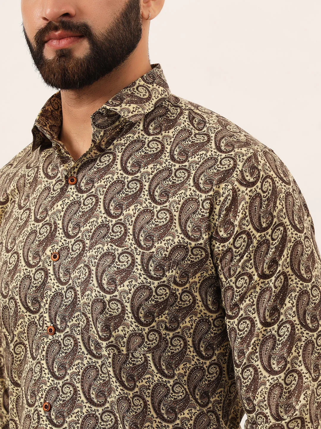 MILLENNIAL MEN Brown Paisley Print Pure Cotton Regular Fit Casual Full Sleeve