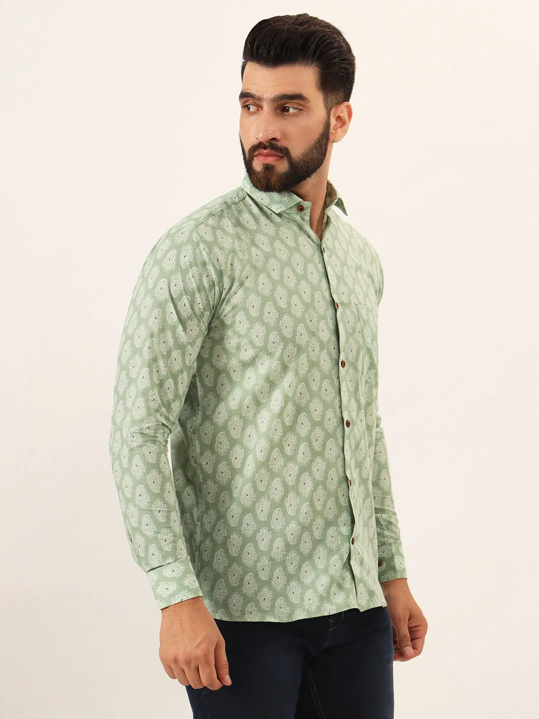 MILLENNIAL MEN Green Paisley Print Pure Cotton Regular Fit Casual Full Sleeve