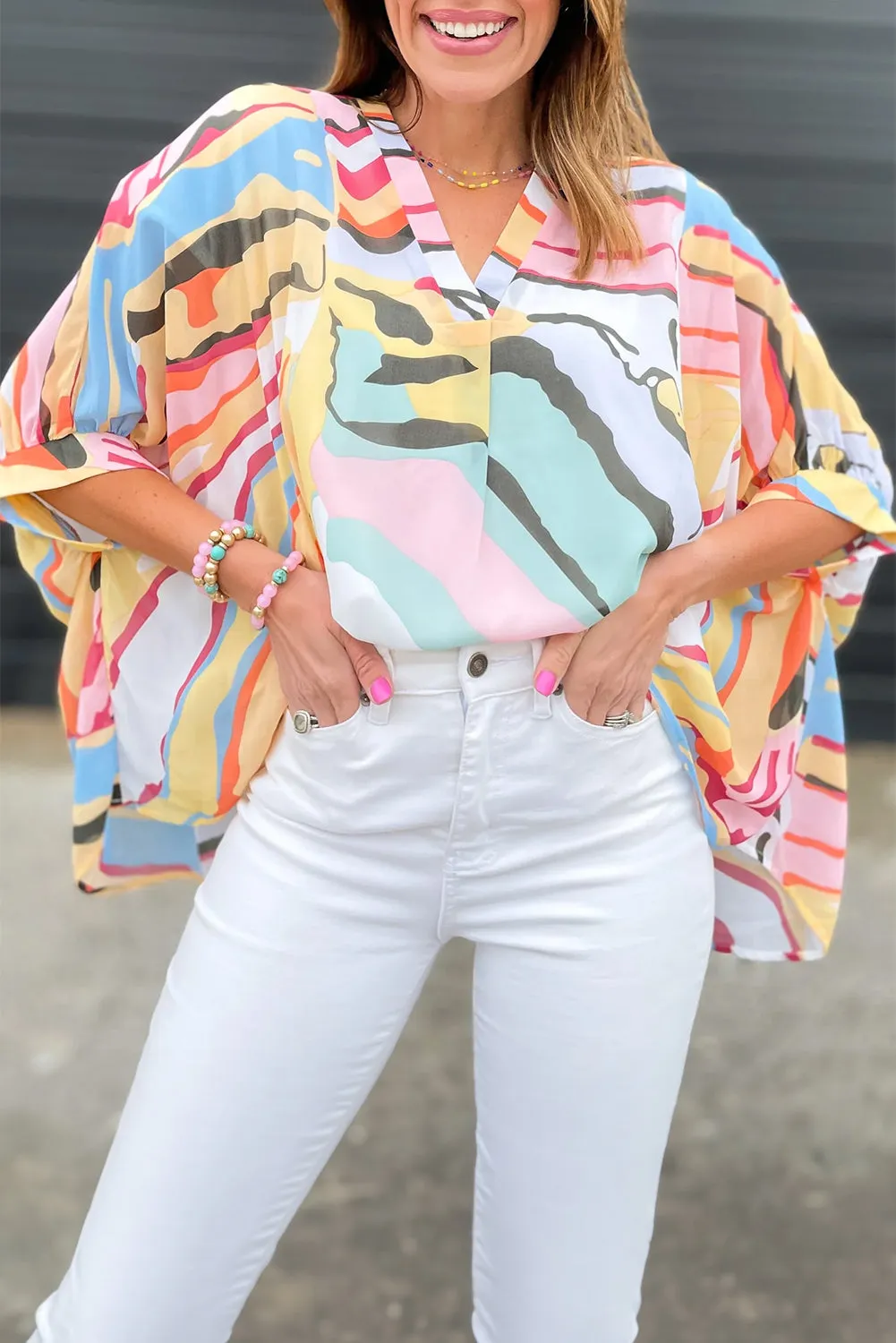 Multicolour Abstract Print V Neck Dolman Blouse