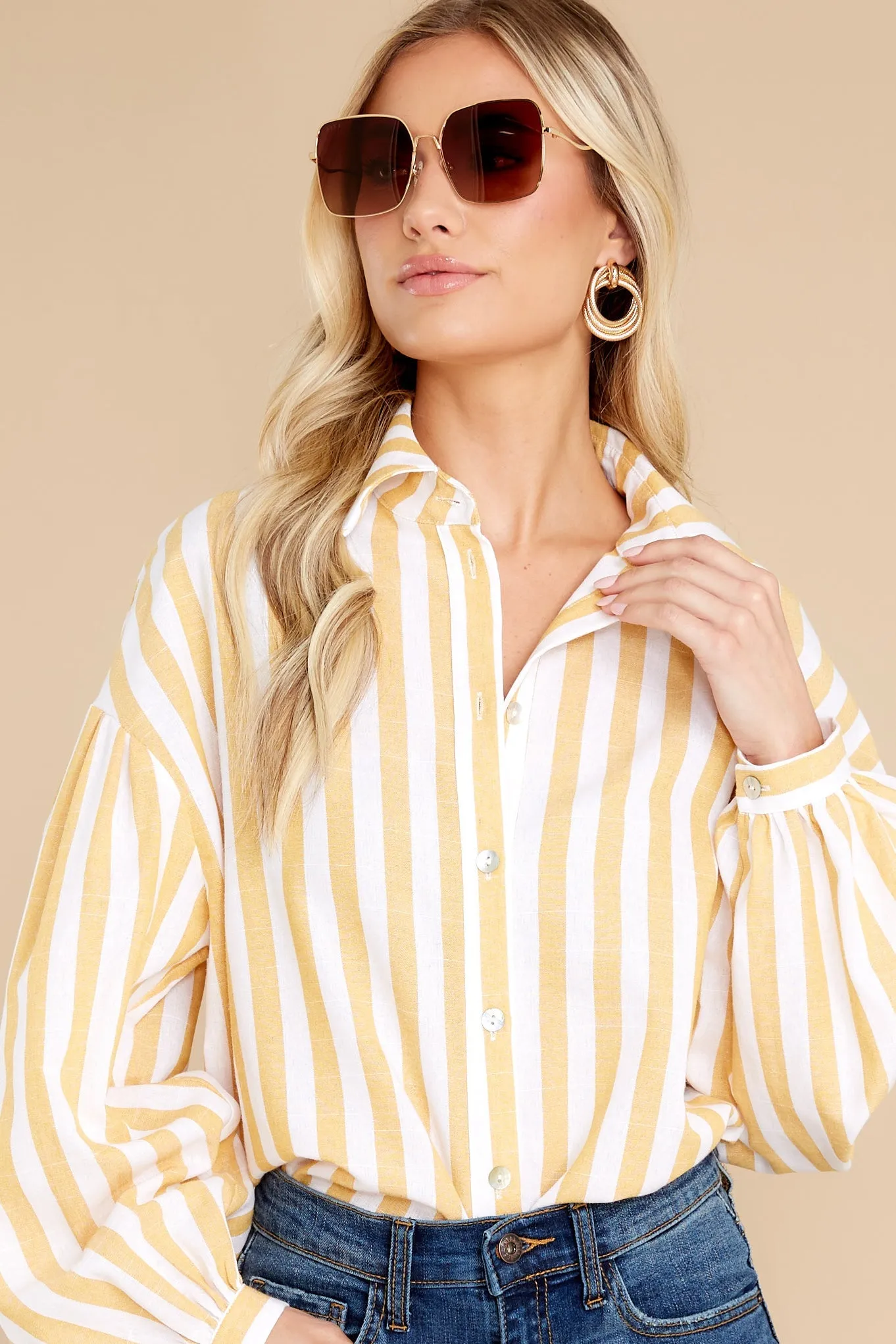 My Good Side Yellow Paris Balloon Sleeve Striped Top