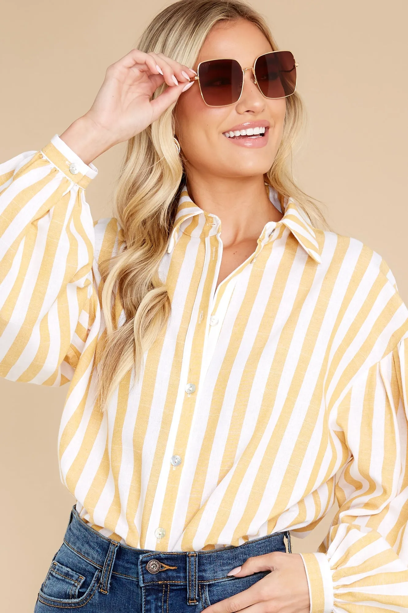 My Good Side Yellow Paris Balloon Sleeve Striped Top