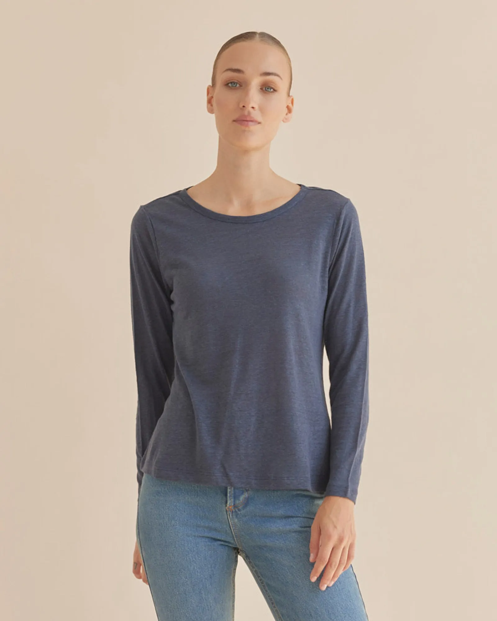 Priya Long Sleeve Linen Jersey Top - Navy