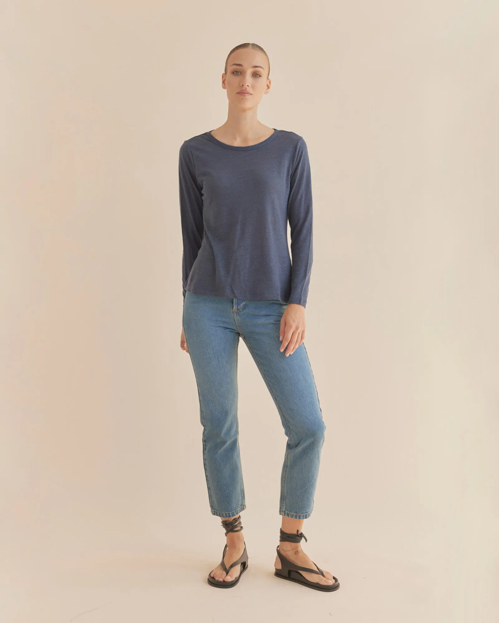 Priya Long Sleeve Linen Jersey Top - Navy