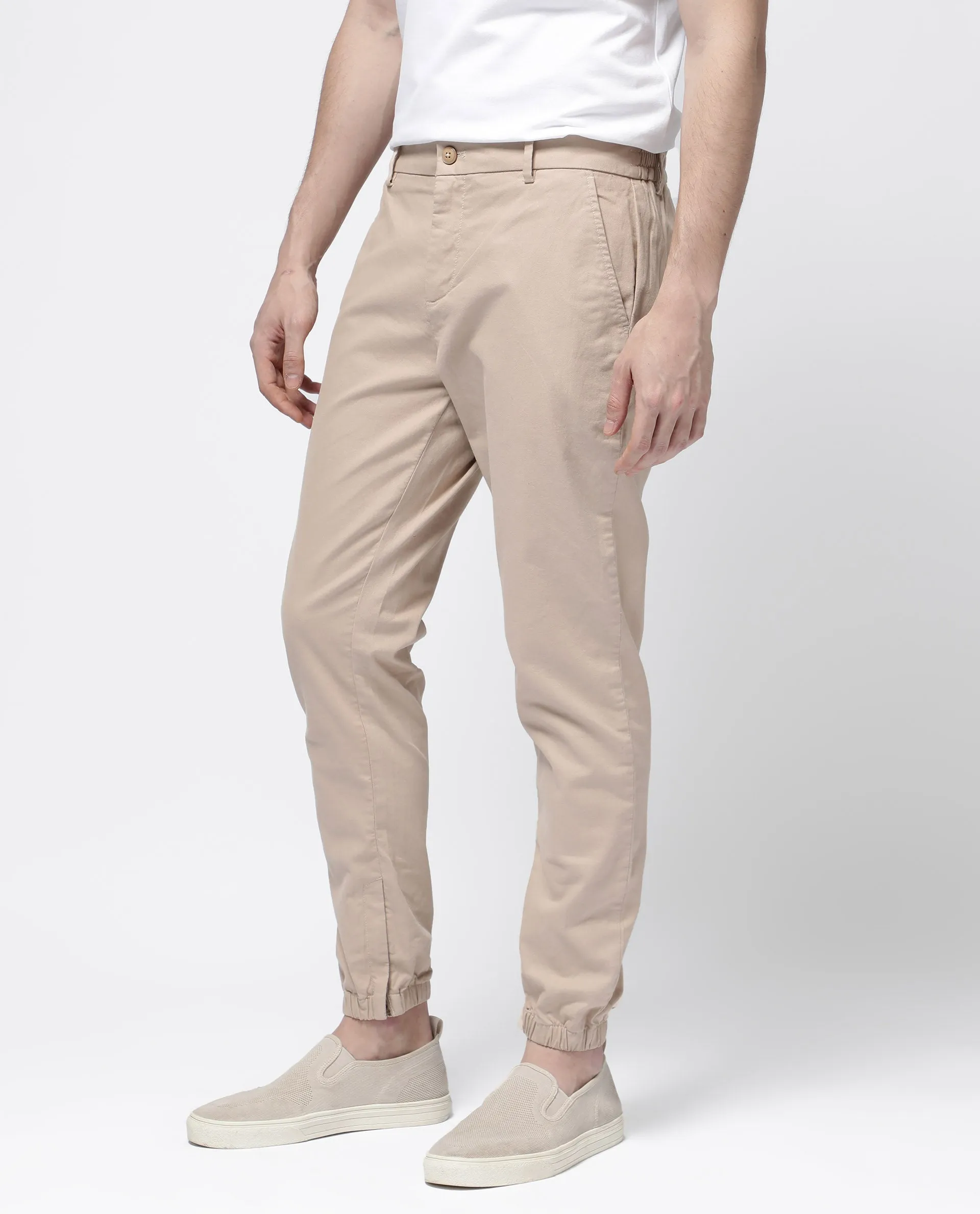 Rare Rabbit Mens Zade Khaki Cotton Linen Fabric Hem With Zipper Regular Fit Solid Trouser