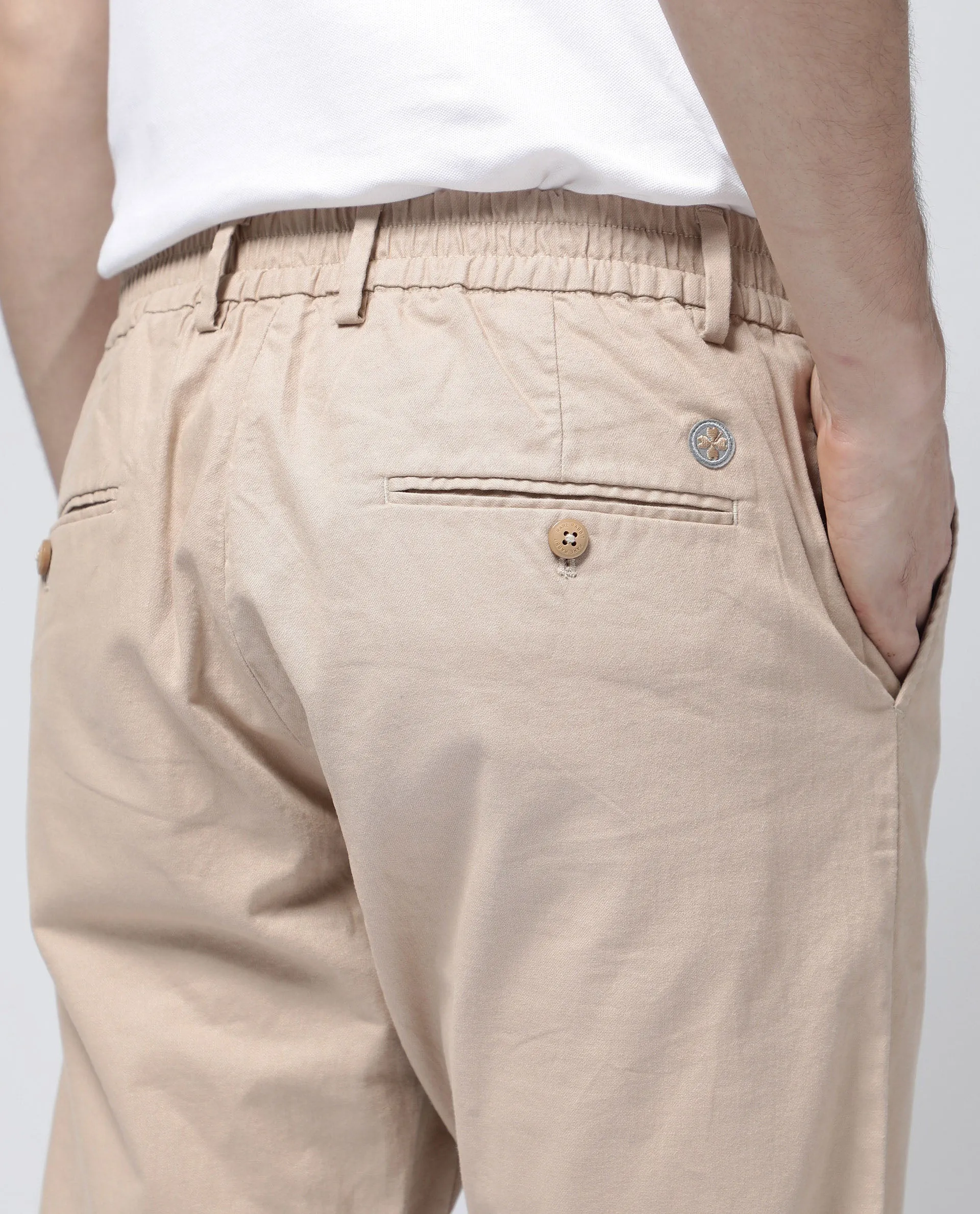 Rare Rabbit Mens Zade Khaki Cotton Linen Fabric Hem With Zipper Regular Fit Solid Trouser