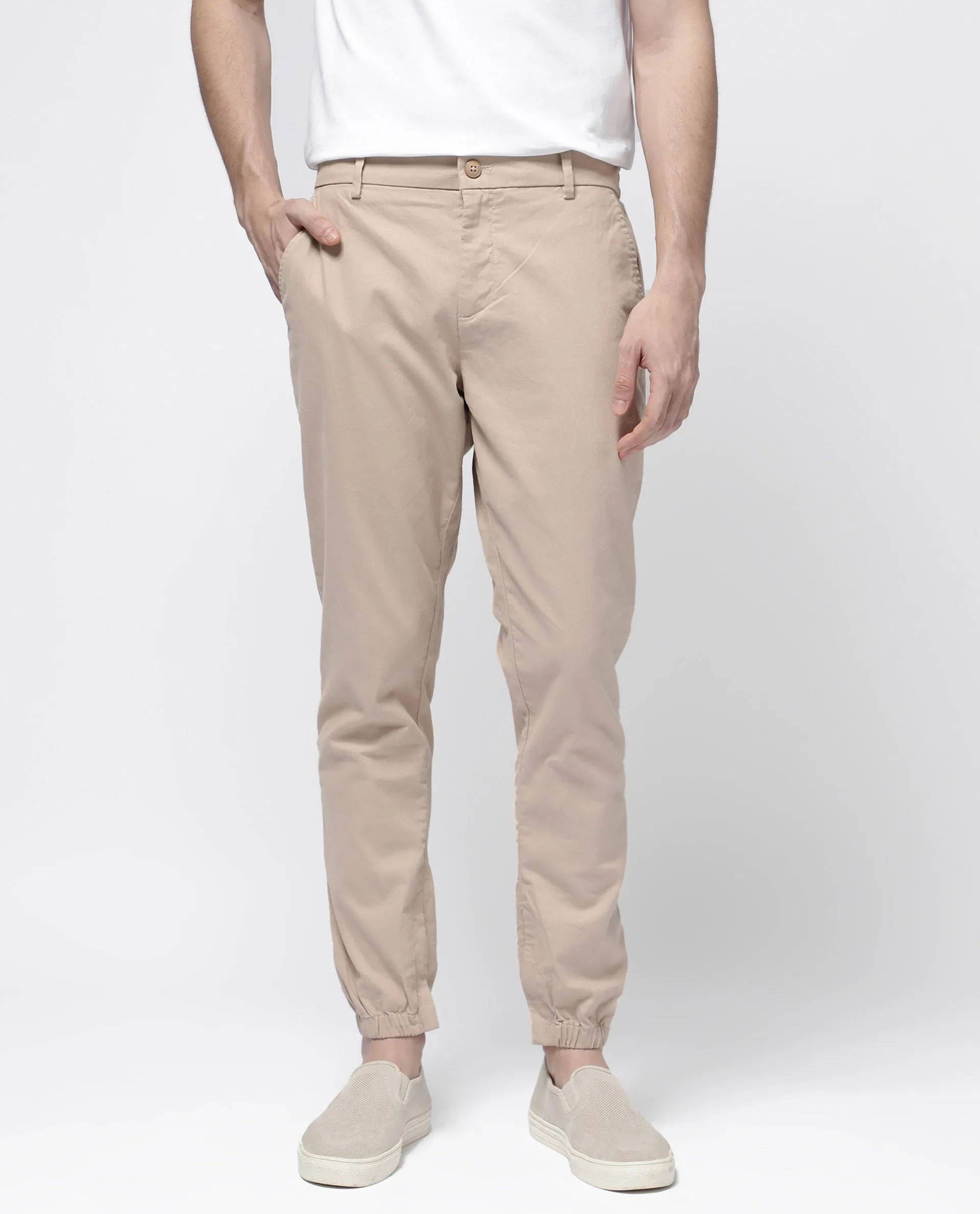 Rare Rabbit Mens Zade Khaki Cotton Linen Fabric Hem With Zipper Regular Fit Solid Trouser