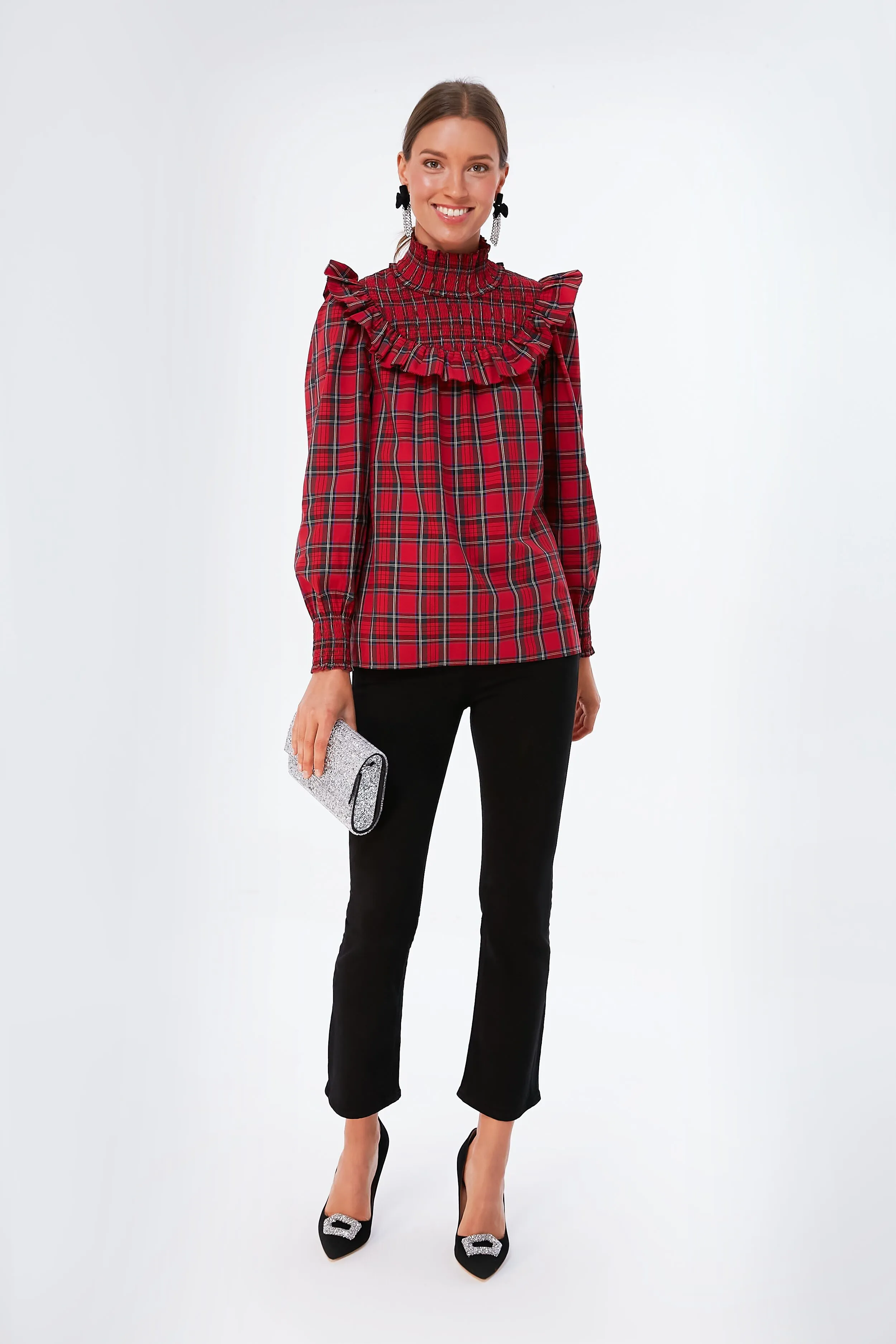 Red Plaid Smocked Neck Top