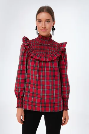 Red Plaid Smocked Neck Top