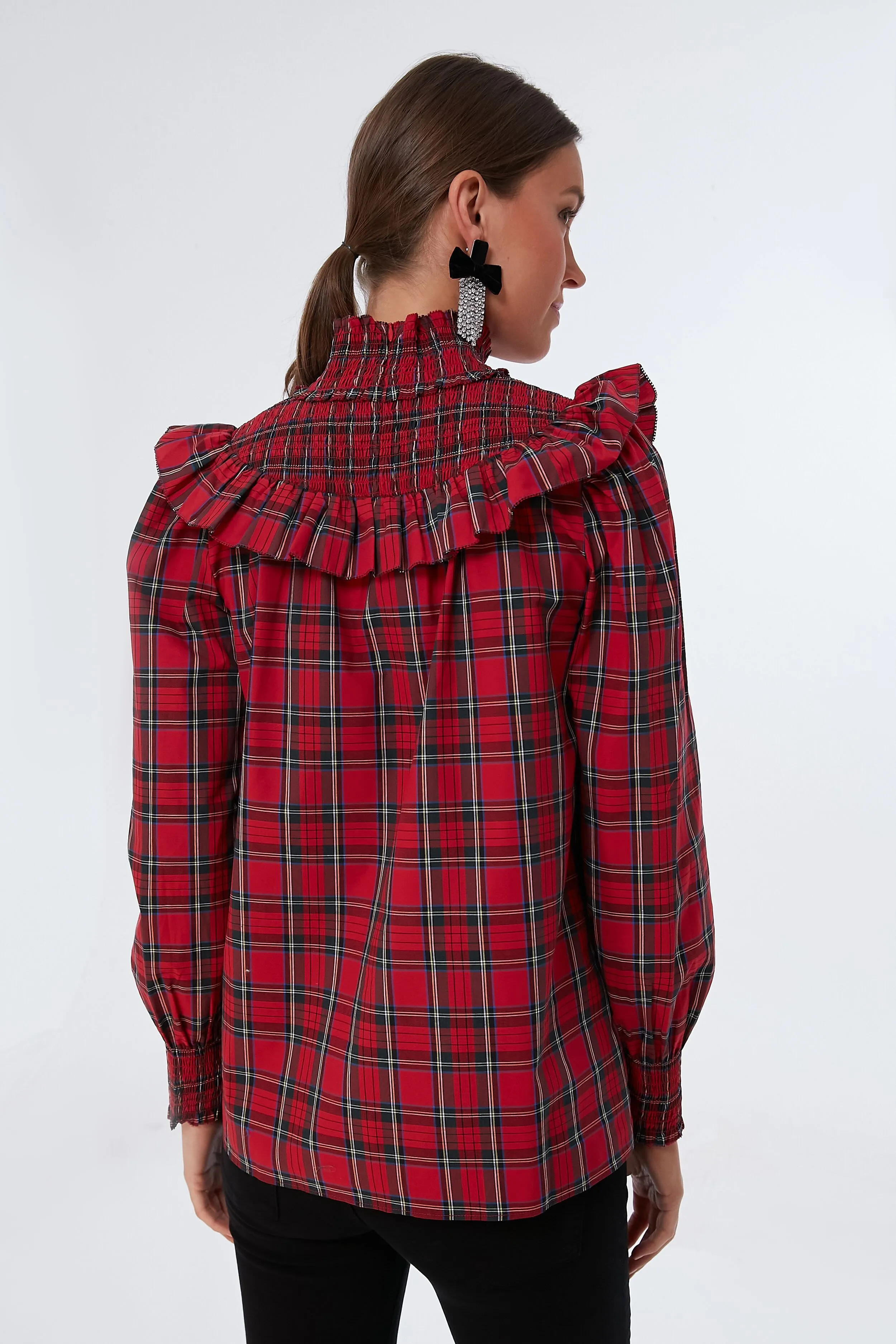 Red Plaid Smocked Neck Top