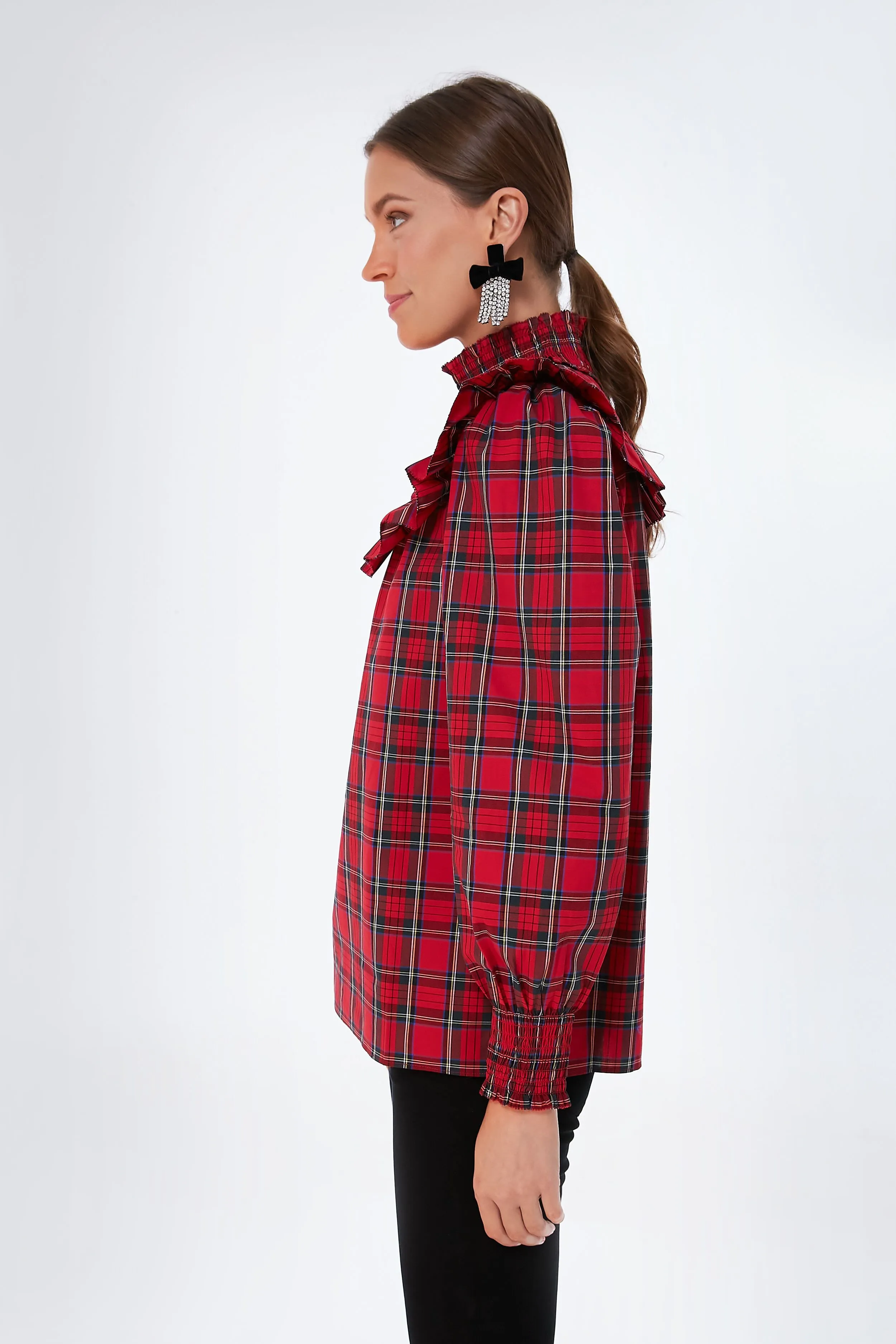 Red Plaid Smocked Neck Top