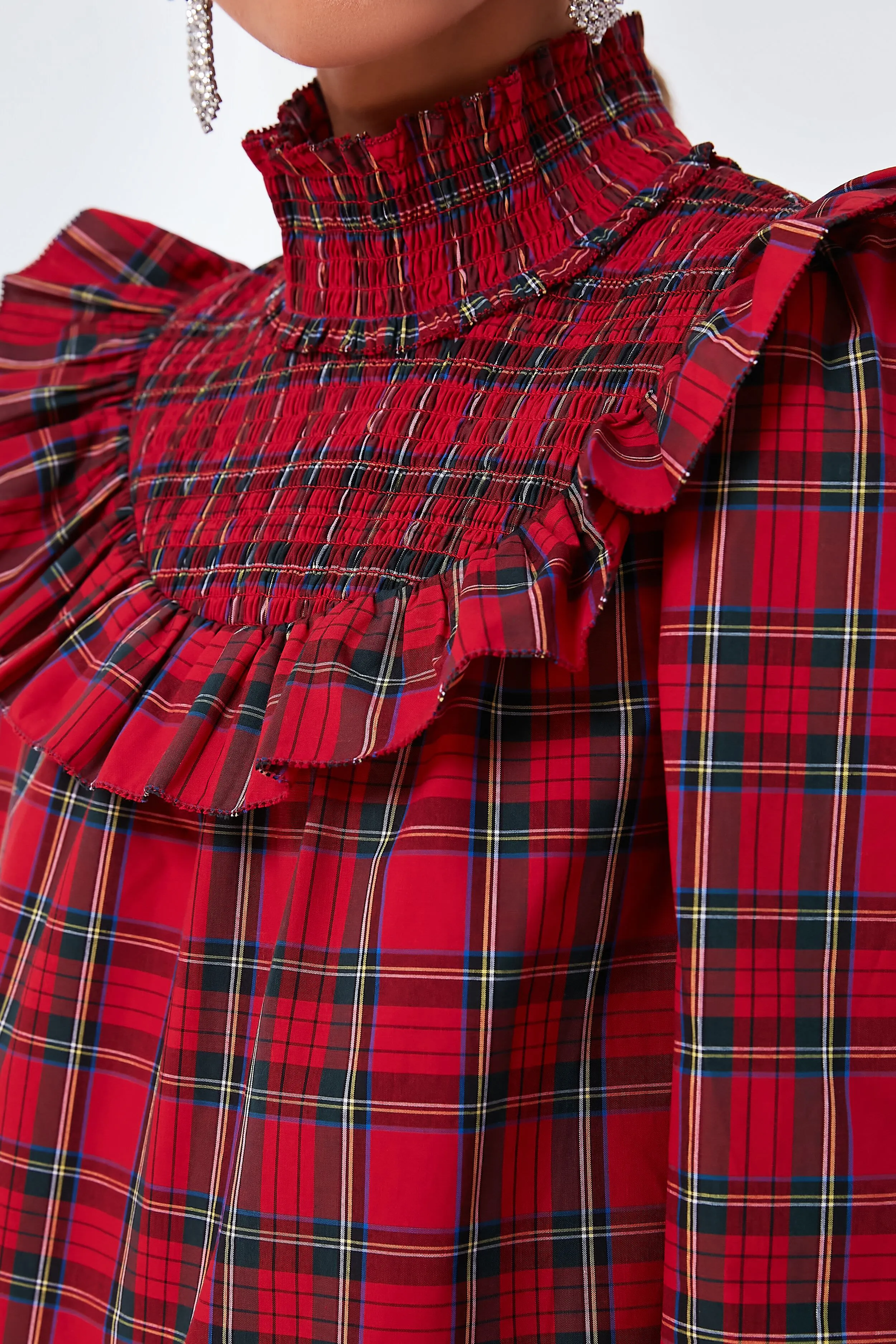 Red Plaid Smocked Neck Top