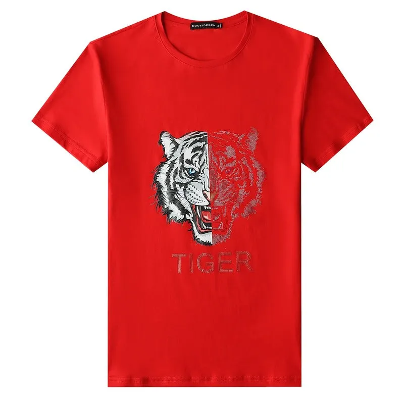 Rhinestones Half Tiger Printed T-Shirts