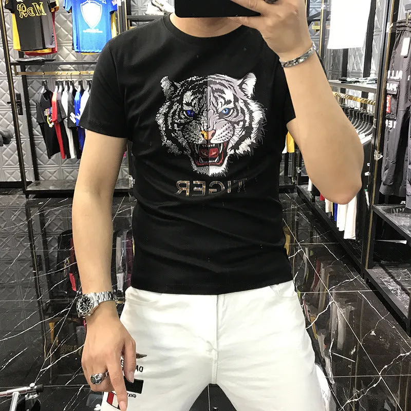 Rhinestones Half Tiger Printed T-Shirts