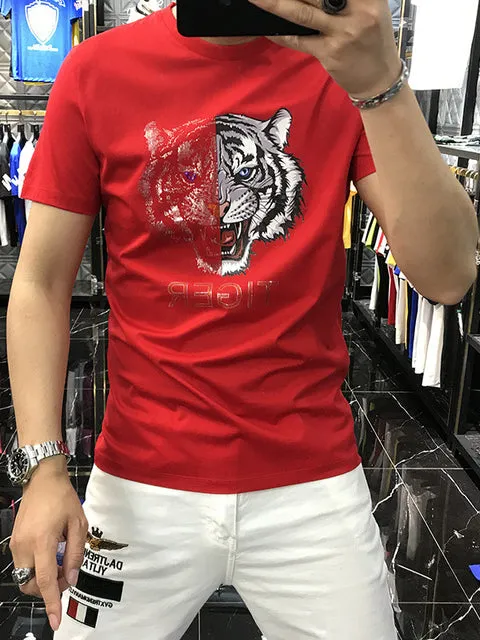 Rhinestones Half Tiger Printed T-Shirts