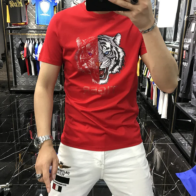 Rhinestones Half Tiger Printed T-Shirts