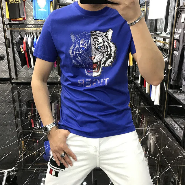 Rhinestones Half Tiger Printed T-Shirts