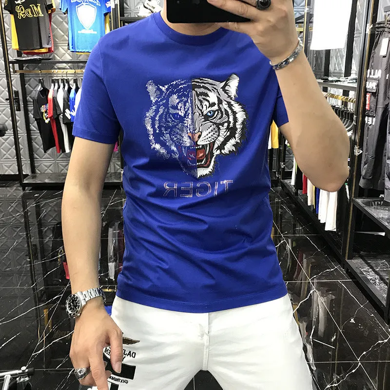 Rhinestones Half Tiger Printed T-Shirts