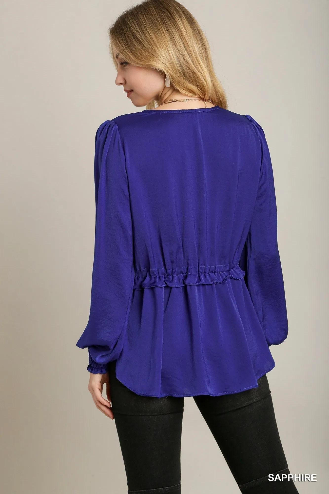 Satin Sapphire V-neck Ruffle Baby Doll Top With Cuffed Long Sleeve