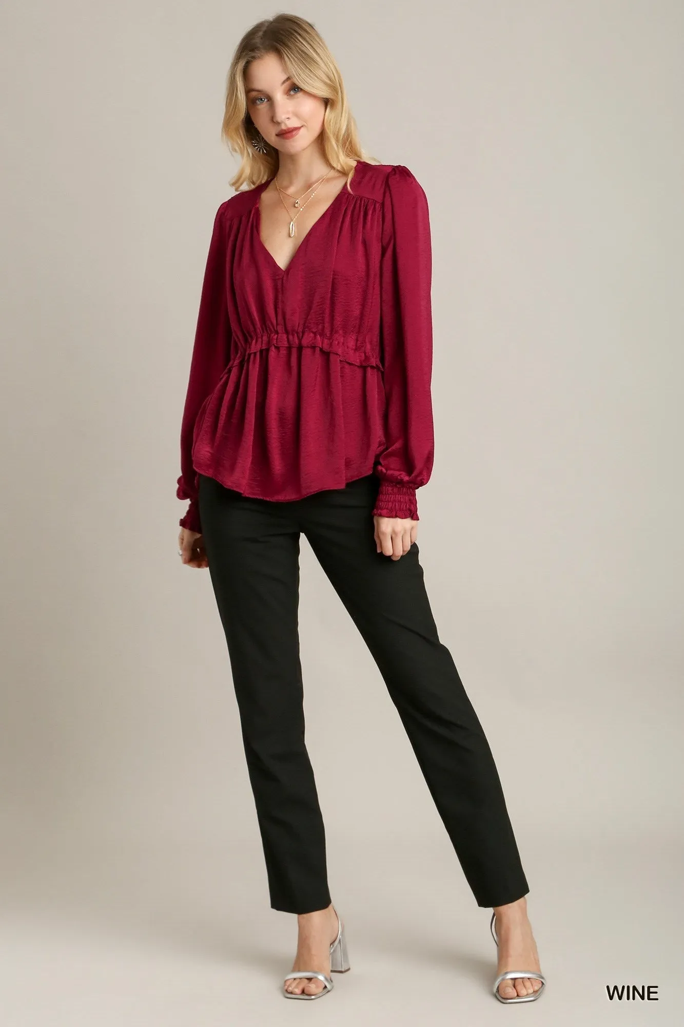 Satin Wine V-neck Ruffle Baby Doll Top With Cuffed Long Sleeve