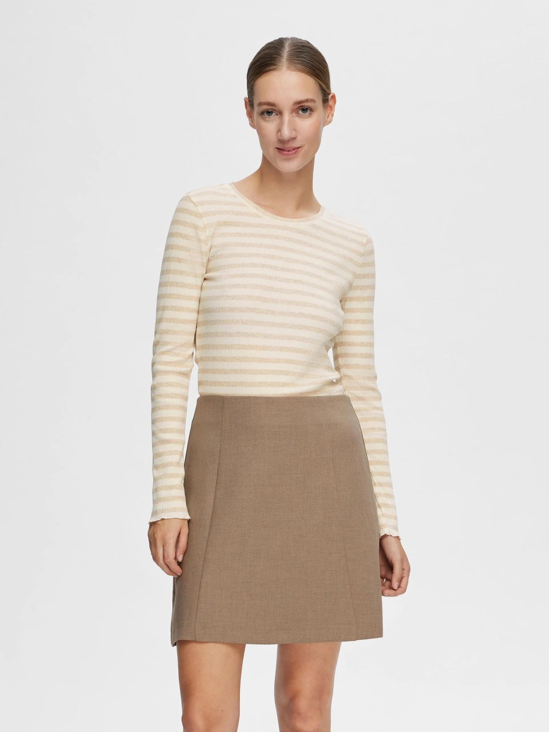 Selected Femme Anna Long Sleeve Crew Tee Oatmeal/Beige