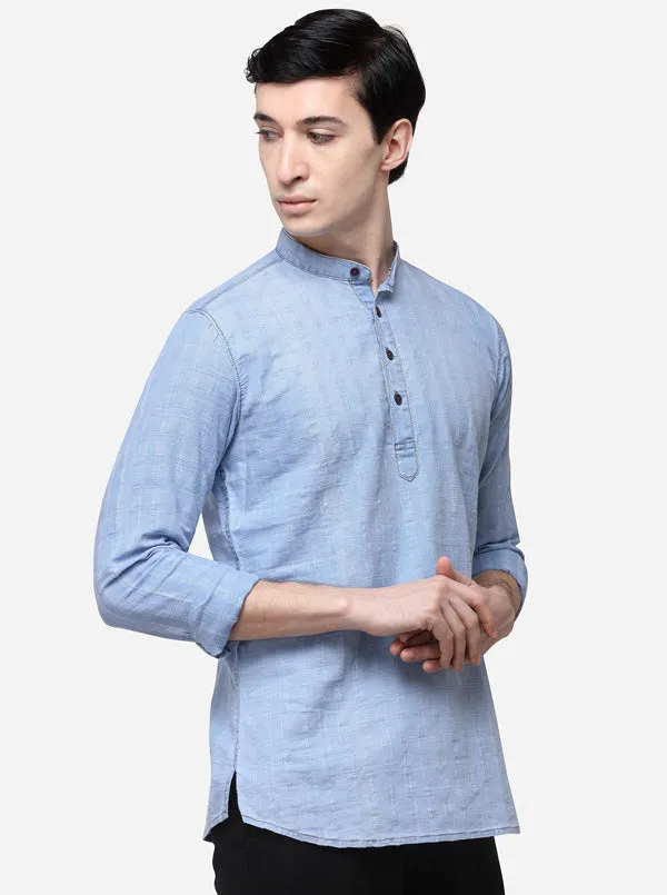 Sky Blue Checked Slim Fit Short Kurta | JadeBlue