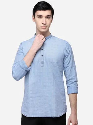 Sky Blue Checked Slim Fit Short Kurta | JadeBlue