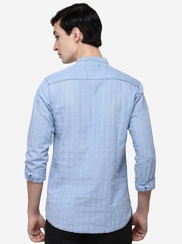 Sky Blue Checked Slim Fit Short Kurta | JadeBlue