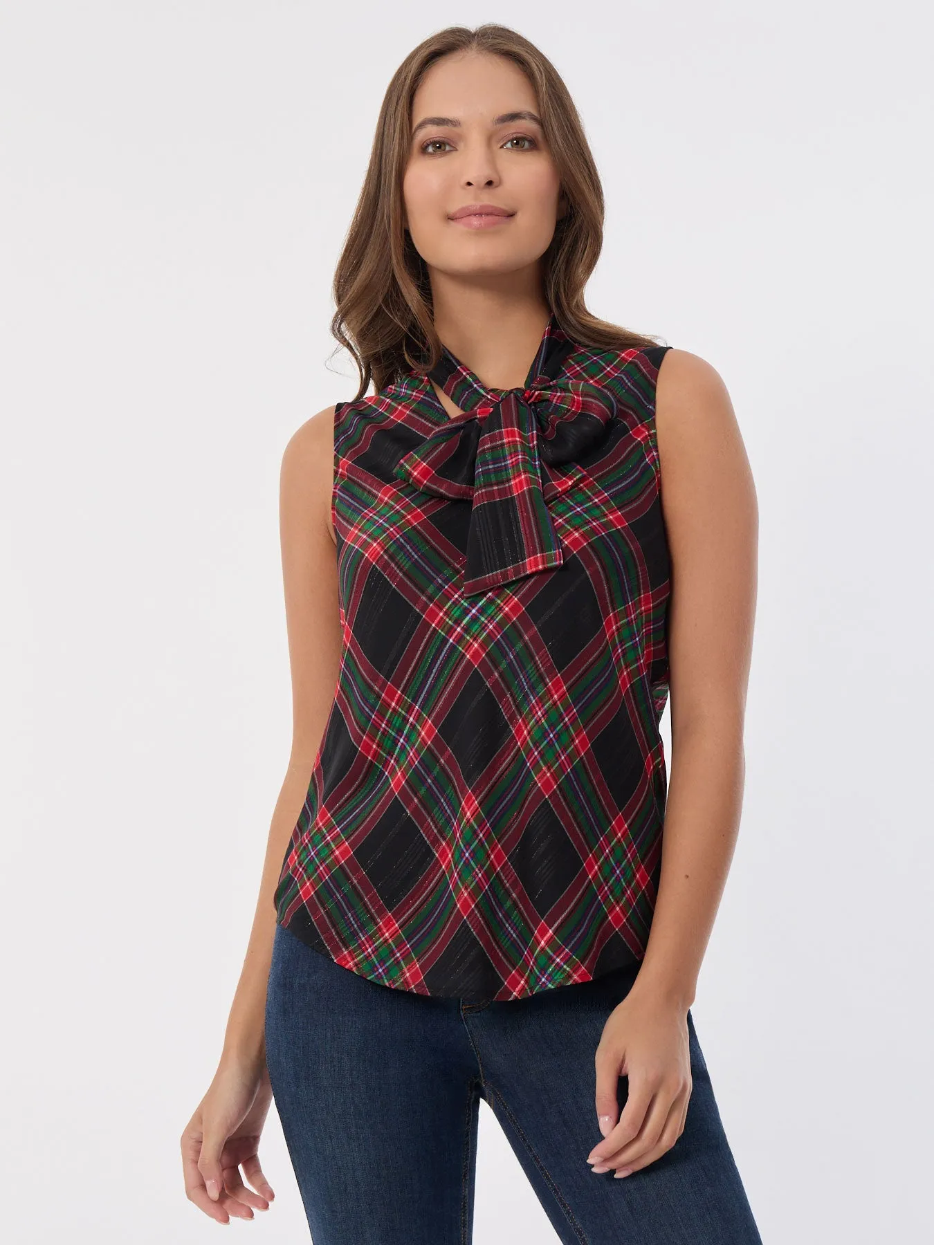 Sleeveless Bow Blouse, Plaid