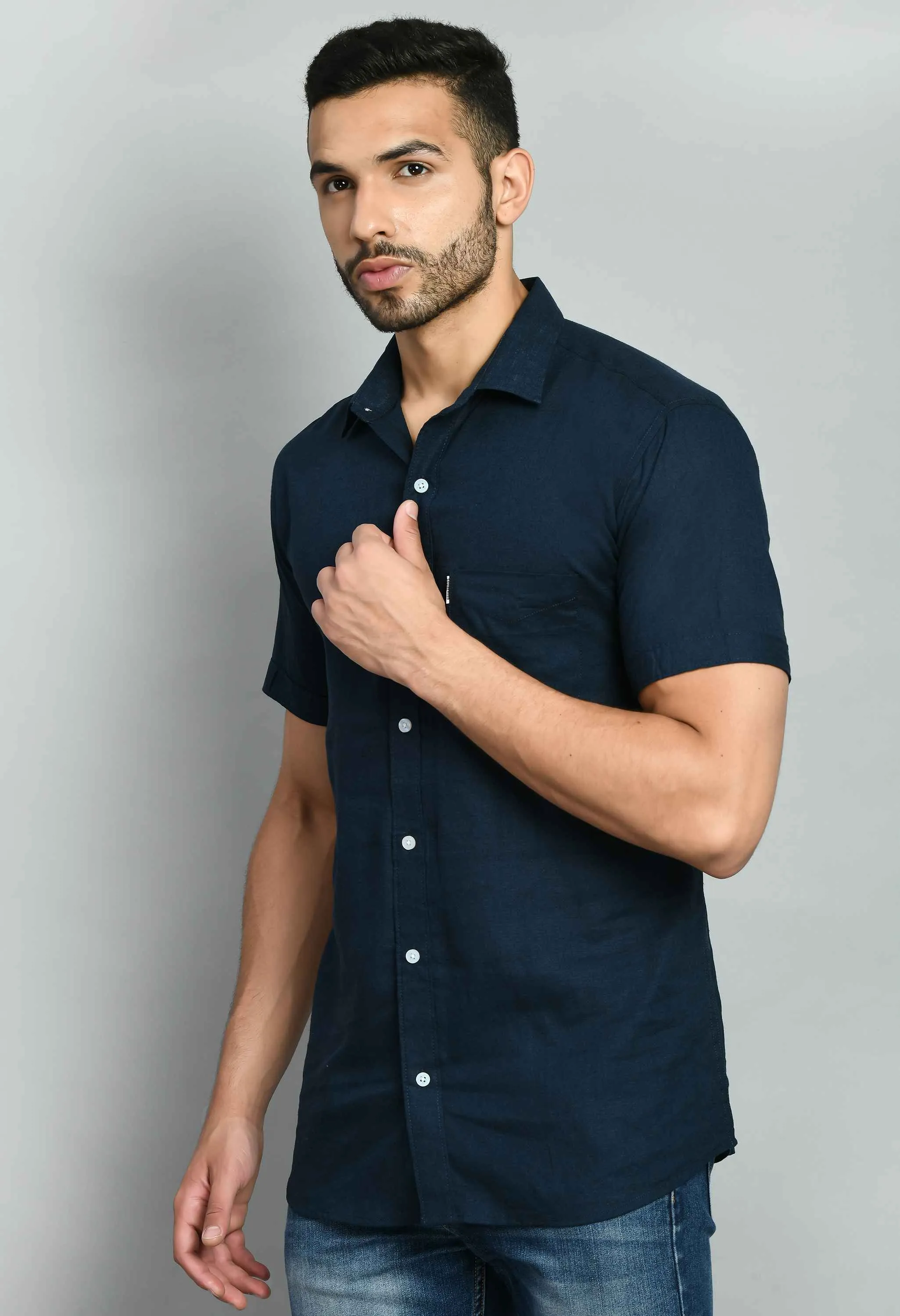 Solid Navy Linen Shirt