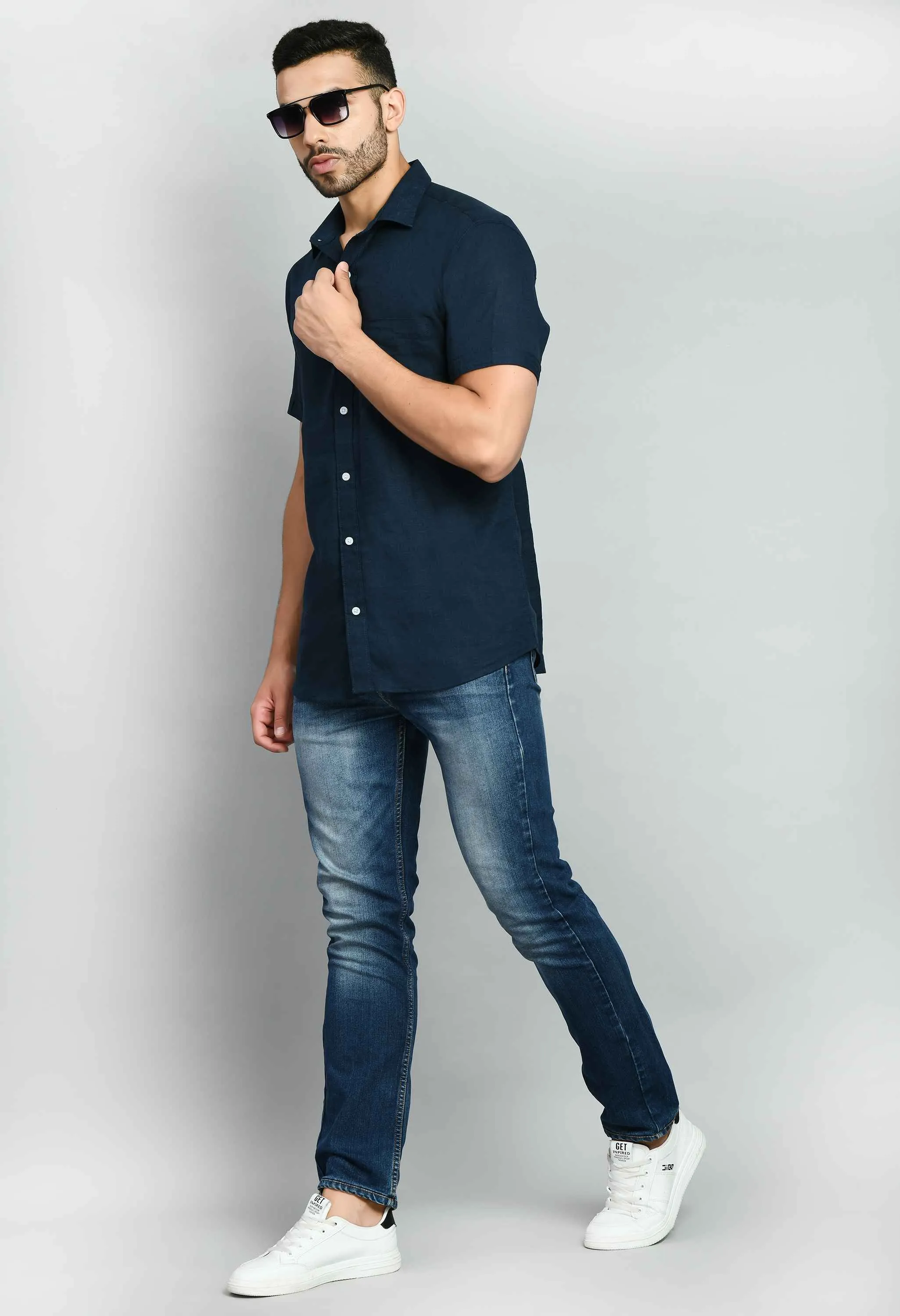 Solid Navy Linen Shirt