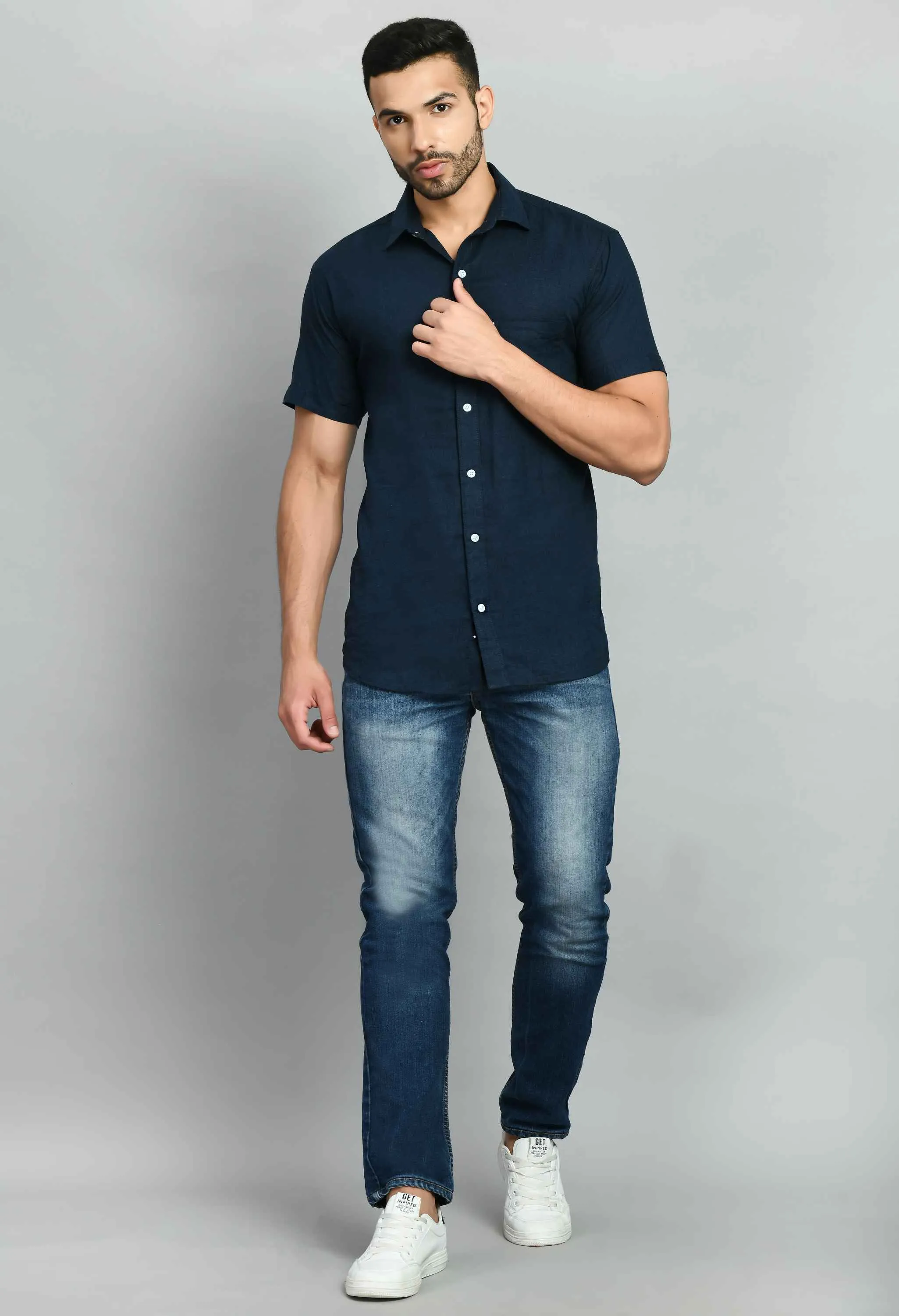 Solid Navy Linen Shirt