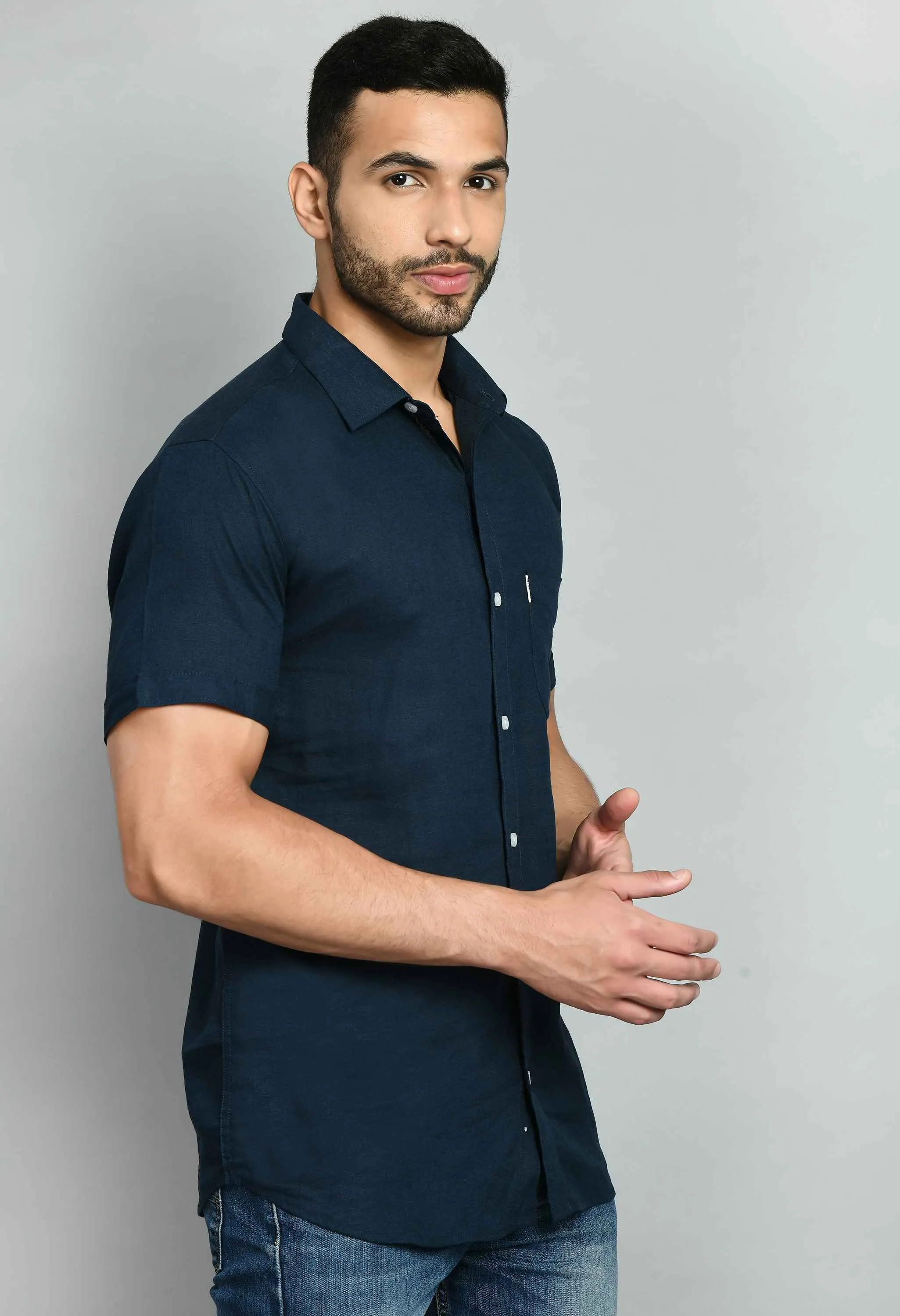 Solid Navy Linen Shirt