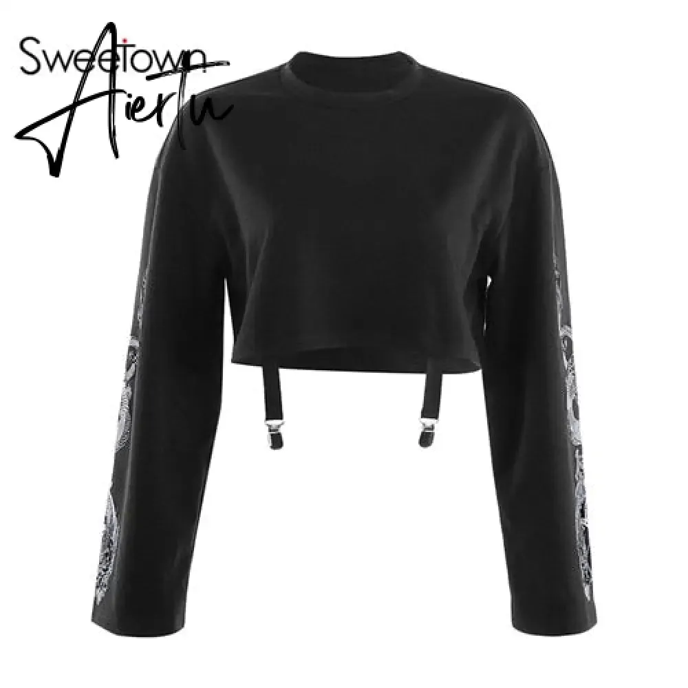 Sweetown Autumn Crop Sweatshirt Dragon Print Long Sleeve Korean Fashion Pullover Black Casual Gothic Streetwear Sweatshirts