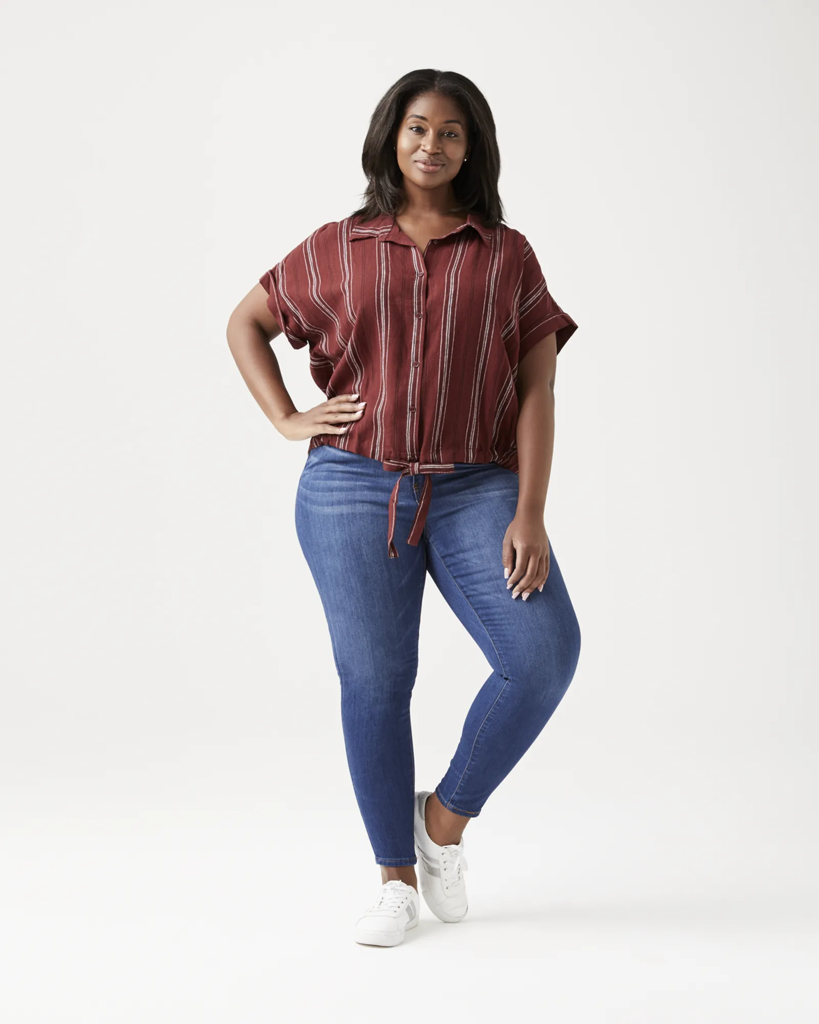 Tati Stripe Tie Front Top | Burgundy / White