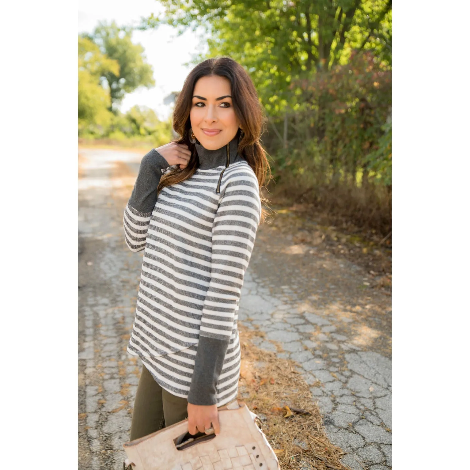 Thick Striped Side Zip Wrap Sweatshirt