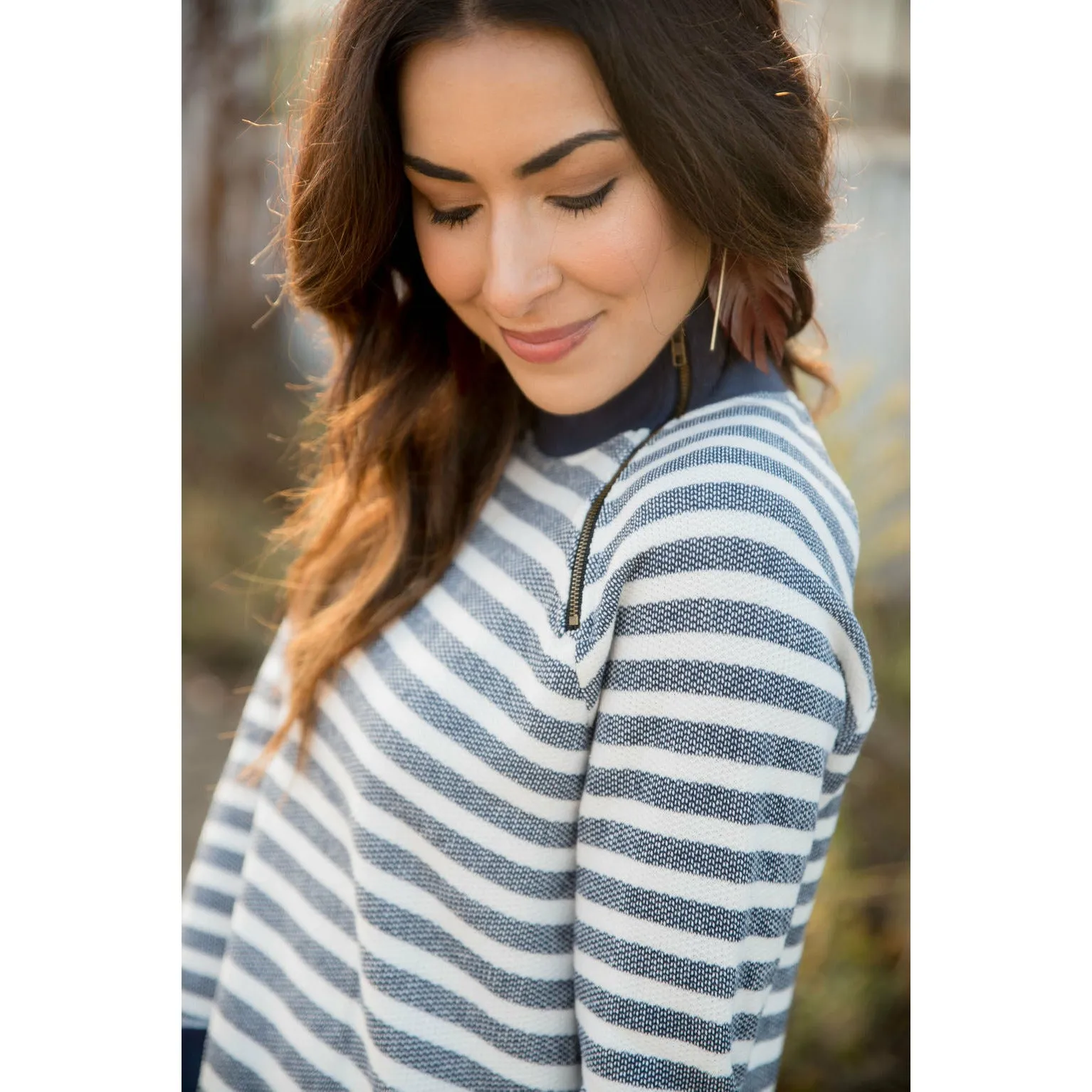 Thick Striped Side Zip Wrap Sweatshirt