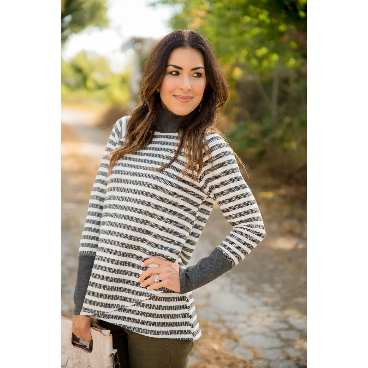 Thick Striped Side Zip Wrap Sweatshirt