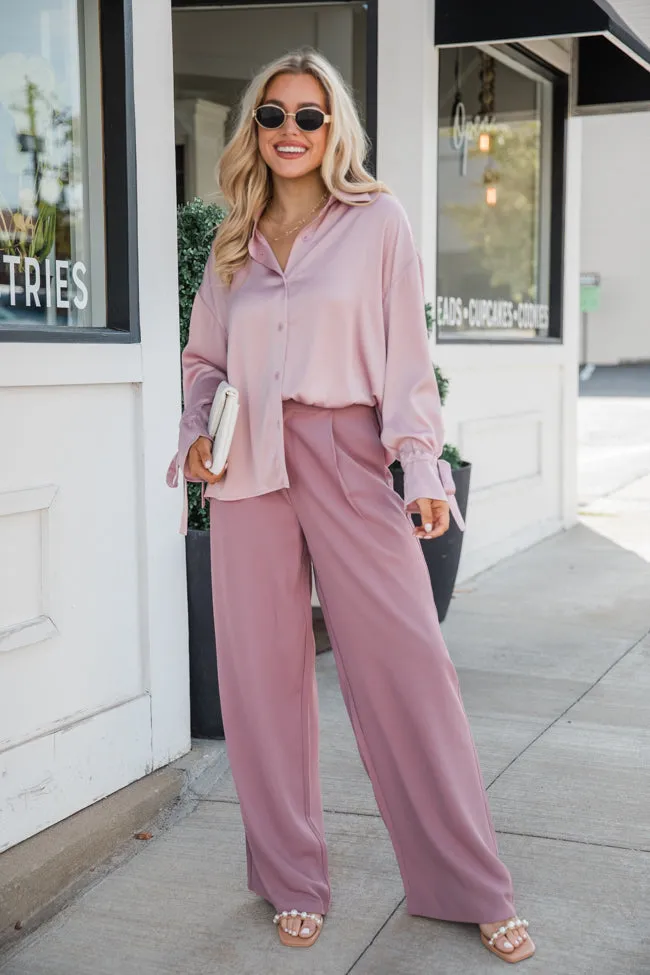 Think It Through Mauve Bow Cuff Satin Button Down Shirt