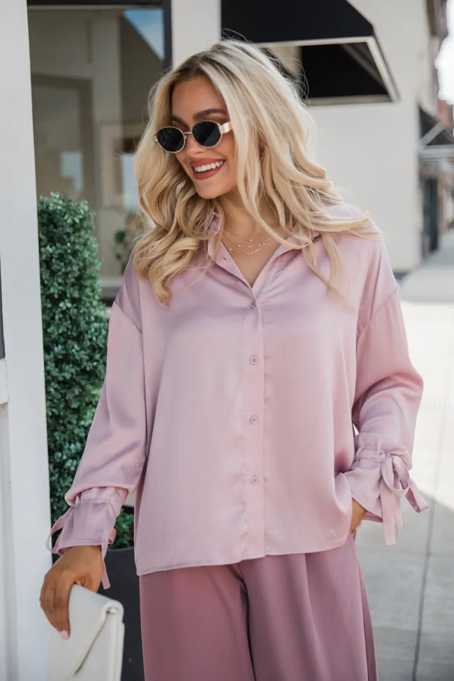 Think It Through Mauve Bow Cuff Satin Button Down Shirt